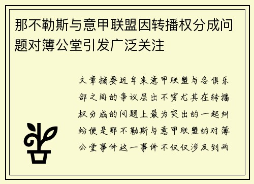 那不勒斯与意甲联盟因转播权分成问题对簿公堂引发广泛关注