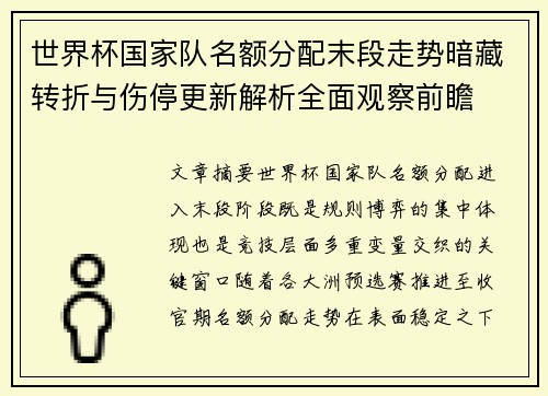 世界杯国家队名额分配末段走势暗藏转折与伤停更新解析全面观察前瞻